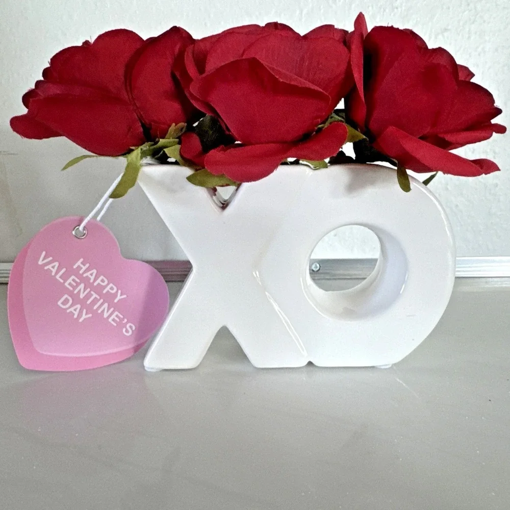 Valentine's XO Ceramic Vase with artifical red roses